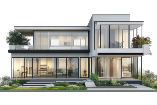 Modern technological house featuring large glass windows and sleek design in a residential area during daytime