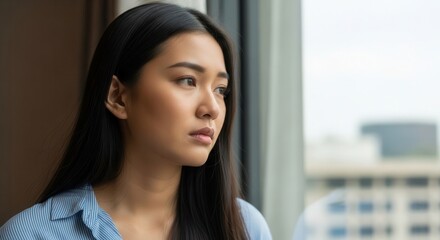 Woman gazing window with thoughtful expression