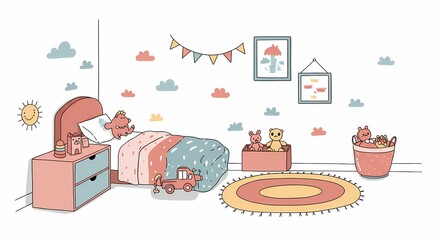 Cute Children's Bedroom Decor with Teddy Bears Colorful Wall Art and Cozy Rug