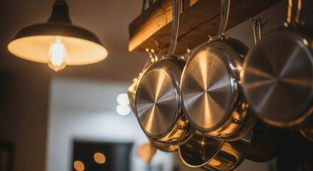 Hanging stainless steel pots in cozy kitchen lighting