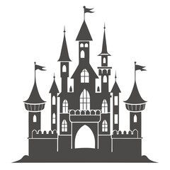 Fototapeta premium Majestic fairytale castle with tall spires and flags silhouette