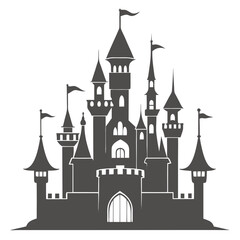 Fototapeta premium Majestic fairytale castle with tall spires and flags silhouette