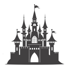 Obraz premium Majestic fairytale castle with tall spires and flags silhouette