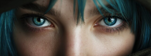 Close up of a woman with striking blue eyes, dark hair, and a mask covering the lower part of her face