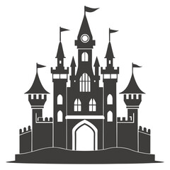 Obraz premium Majestic fairytale castle with tall spires and flags silhouette