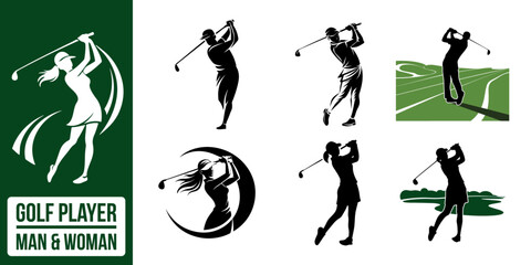 golf player silhouettes. golfer woman,lady, man, golf clipart vector illustration.