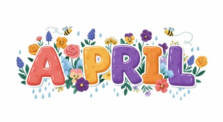 Obraz premium Colorful April Month Text with Flowers and Bees in Bright Spring Style