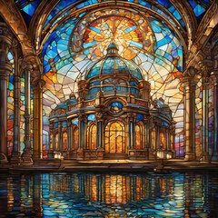 Oil Painting of Floating Opera House in Stained Glass Medium