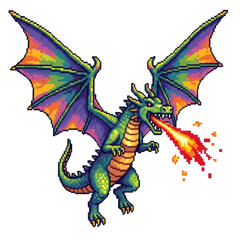 Pixel art dragon with rainbow wings and fire breath