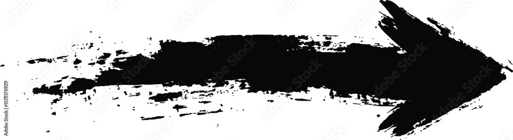 Poster Black arrow painted with splashes isolated on white background. Black arrow marker isolated with a hand-drawn effect on a white background. 