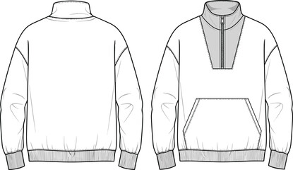 Half zip sweatshirt flat sketch, front and back technical drawing, unisex pullover fashion vector, ribbed hem and cuffs detail, hoodie style CAD illustration