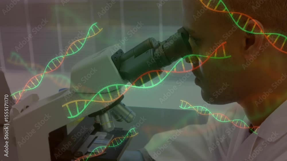 Poster lab scientist inserting slide adjusting focus knobs for dna analysis with drifting helix graphics
