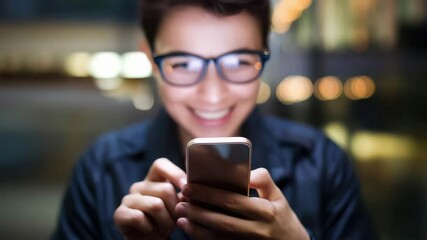 Person using smartphone with a joyful smile in a vibrant indoor setting, showcasing modern communication.