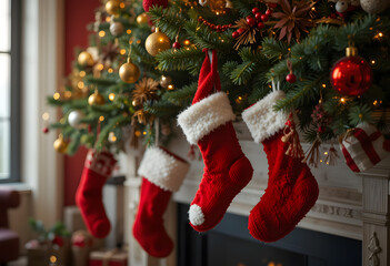 Red Santa Claus hat and sock hanging under christmas tree in the house, Christmas stockings