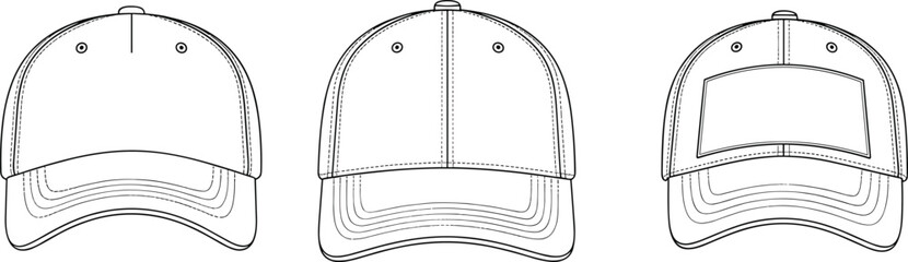 Baseball cap technical sketch, flat vector cap drawing, adjustable hat design, front view templates, embroidered patch cap outline, apparel accessories flat illustration