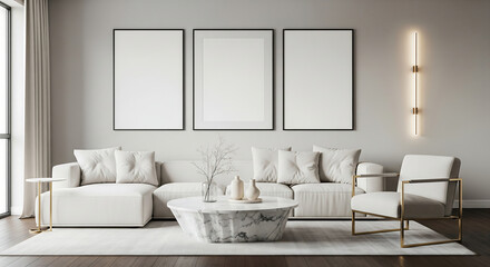 Living room interior with blank framed art above a white sofa and marble coffee table