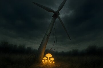 Broken Wind Turbine in Overgrown Field Under Ominous Sky

