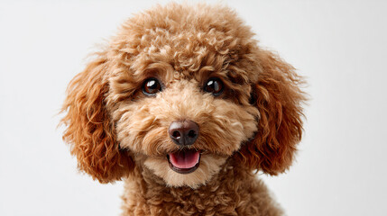 Beige beautiful happy malipoo poodle dog on white background