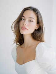 Close-up portrait of young woman with natural makeup in soft light wearing puff sleeve white dress, beauty hair model