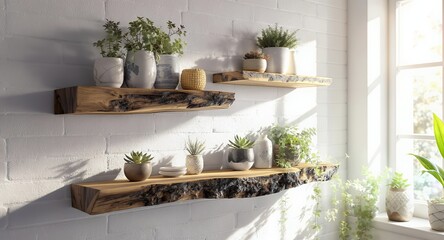 Rustic Wooden Shelves with Plants and Decor Home Interior Design