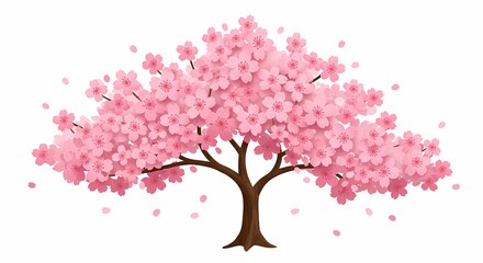 Fototapeta premium Pink Blossom Cherry Tree with Full Bloom and Falling Petals on White Background