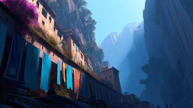 Cliffside Dwellings and Rugged Landscape: Captivating vista of ancient cliffside dwellings in a picturesque, revealing architecture and nature's embrace. Rugged beauty and historic allure. - Powered by Adobe