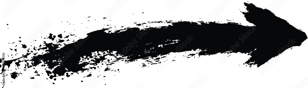 Poster Black arrow painted with splashes isolated on white background. Black arrow marker isolated with a hand-drawn effect on a white background. 