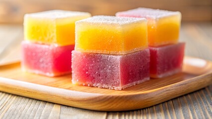 Close up of colorful fruit jelly candies dusted with sugar on a wooden board