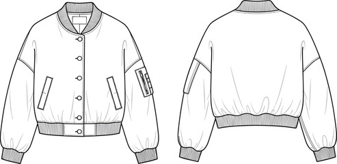 Bomber jacket technical fashion sketch, front and back view, ribbed cuffs and hem, pocket details, flat CAD drawing, vector illustration, garment design, outerwear