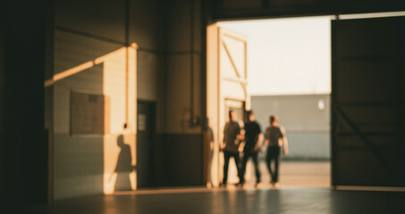Fototapeta premium Three people walk through a large open doorway into a bright outdoor area.