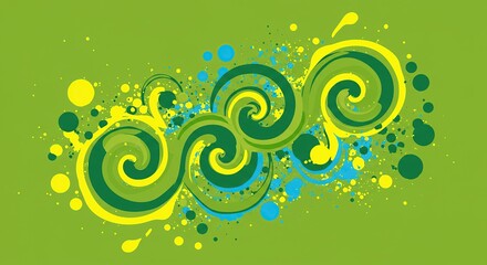 Abstract green background with swirls and colorful splatter design illustration art graphic