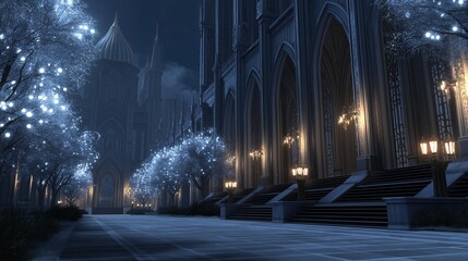 Gothic architecture: The grandeur of a gothic building is revealed by the tranquil path and night lighting, transporting onlookers to a historic era of intricate design.