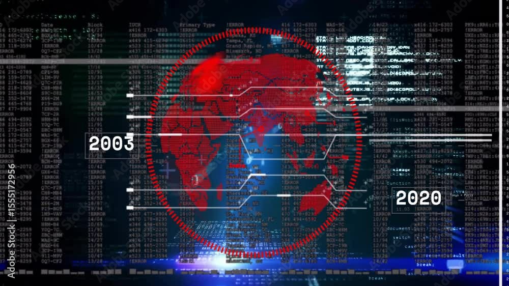Poster on code start digital globe pulsing and rotating while emitting data lines showing timeline shifts