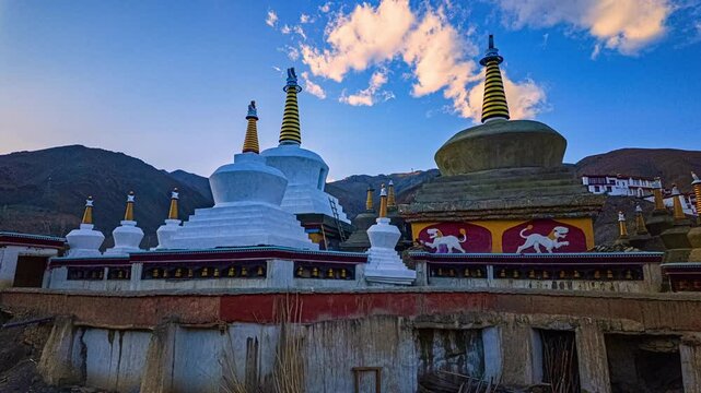 Timelapse beautiful stupas at Lamayuru Monastery at sunset. Lamayuru Monastery, also known as Yuru Gompa, is one of the oldest and largest monasteries in Ladakh, India