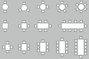 Seat plan icon set, Home, restaurant, seminar, classroom, conference, top view, chair and table, architectural plan with blueprint, customizable stroke, vector, illustration