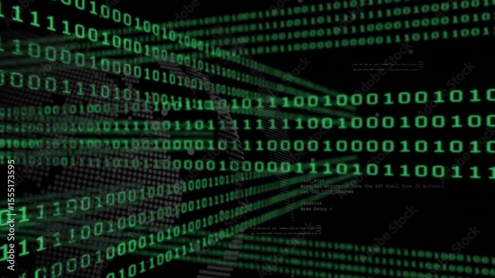Poster at start grid of green binary digits emerging and cascading diagonally into layered data tunnel