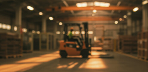 Forklift truck in warehouse industrial setting with shelves and overhead lighting.