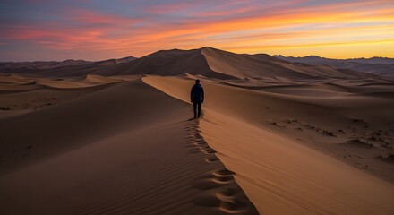Lone Traveler Walks Across Desert Dune at Sunset, Dramatic Sky.