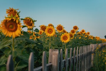 Sunlit sunflower field with rustic wooden fence under a clear blue sky at golden hour
