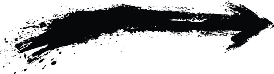 Black arrow painted with splashes isolated on white background. Black arrow marker isolated with a hand-drawn effect on a white background. 