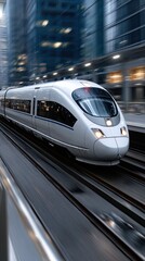 Fototapeta premium A high-speed train zoos by, featuring a sleek white and blue design with vibrant lights illuminating the busy urban area at night