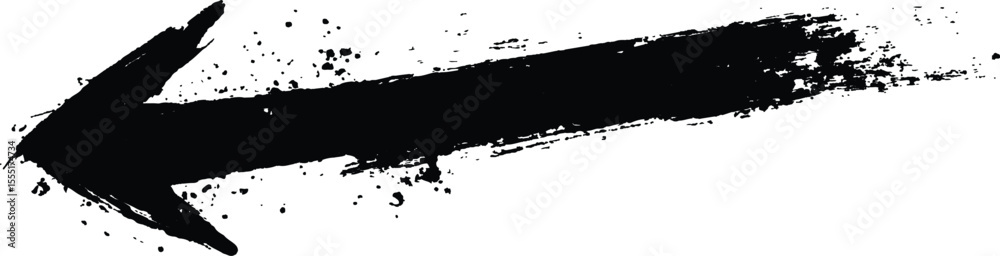 Poster Black arrow painted with splashes isolated on white background. Black arrow marker isolated with a hand-drawn effect on a white background. 