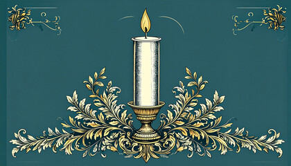 Classic candle illustration with vintage teal background and intricate golden floral motifs surrounding the flame.