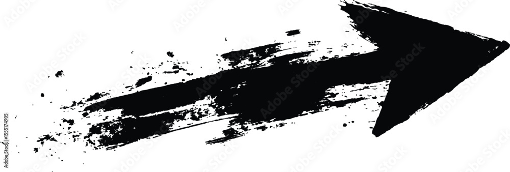 Poster Black arrow painted with splashes isolated on white background. Black arrow marker isolated with a hand-drawn effect on a white background. 