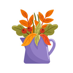 vector illustration features a beautiful, colorful autumn bouquet showcased in a charming purple jug. Perfect for expressing gratitude, the vibrant blooms add a warm and inviting touch to any setting.
