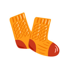 This vector illustration showcases cozy knitted orange socks accented with bright red details. Ideal for chilly days, they offer warmth and style, making them a perfect accessory for winter fashion.
