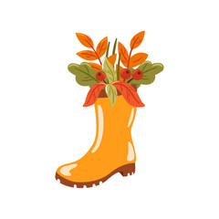 This vector illustration features a stunning autumn floral arrangement presented in a cheerful orange rubber boot. Perfect for seasonal decor, the vibrant colors bring warmth and charm to any space.