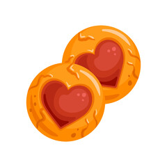 This vector illustration showcases heart-shaped cookies, beautifully filled with vibrant jam. Ideal for sweet treats, festive celebrations, and romantic occasions, adding charm to any dessert design.