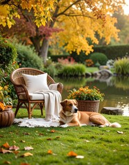 Dog resting next to an armchair in a peaceful autumn garden with a pond in the background. Tranquil outdoor moment full of warmth and seasonal charm.