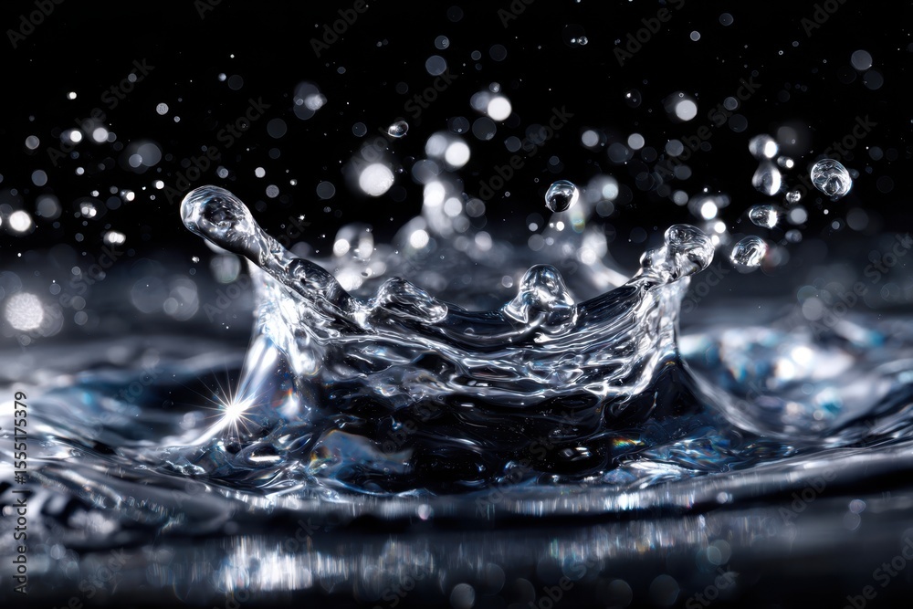 Poster water droplets create a mesmerizing splash in a dark setting with sparkling highlights